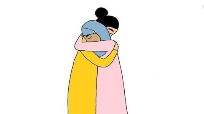 Emotive hugging artwork - two women embrace - CHCH mosque attacks